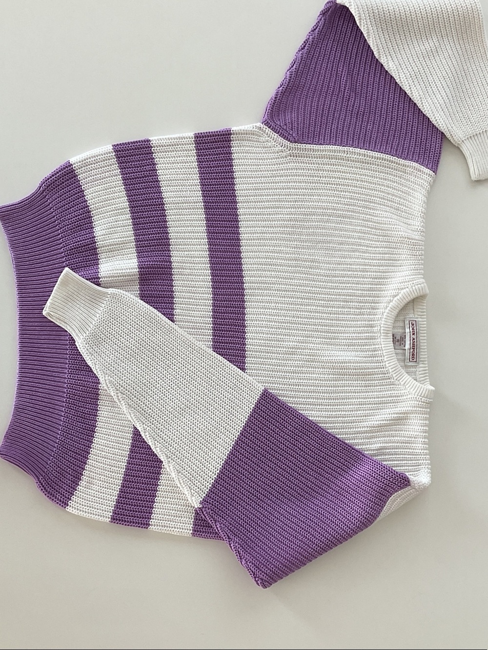 John Ashford Purple and White Striped Crewneck Sweater